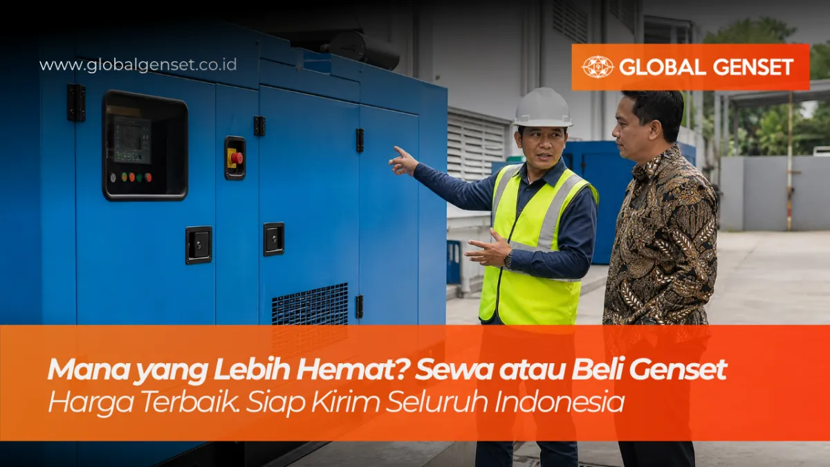 Seorang teknisi dan klien sedang berdiskusi di samping unit genset diesel industri tipe silent berwarna biru untuk sewa atau beli genset