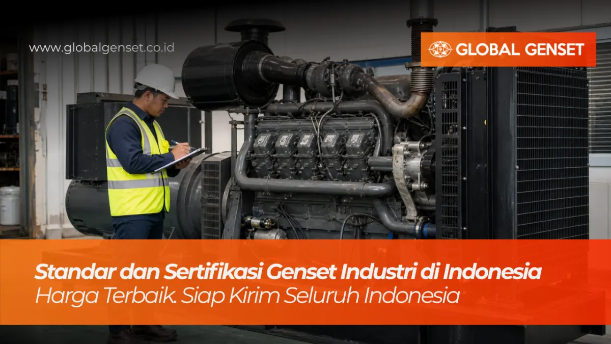 Seorang inspektur sedang menulis di papan klip saat memeriksa genset diesel industri tipe terbuka (open type) supaya sesuai standar dan sertifikasi Indonesia.