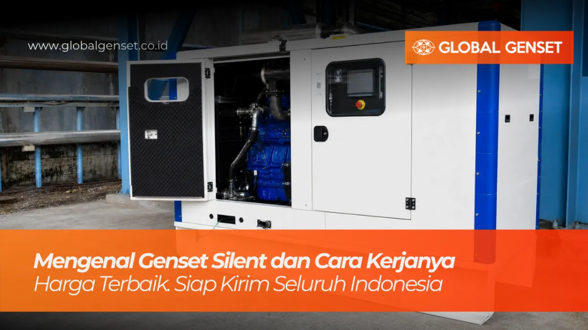 Genset silent dengan pintu samping terbuka yang memperlihatkan blok mesin berwarna biru dan isolasi peredam suara di dalamnya.